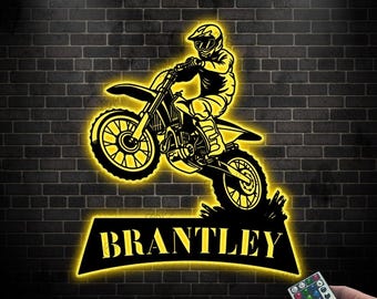 Luces LED de pared de metal personalizadas para motocross, letrero con nombre de motocross, decoración de motocross, letrero de metal con nombre de motociclista, regalo para motociclista.