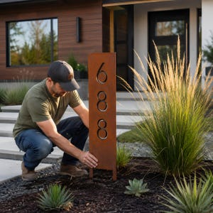 May include: A rectangular, rusty brown metal address sign with the numbers 688 cut out. The sign is being installed in a garden bed with dark mulch and decorative plants. The sign is approximately 48 inches tall.