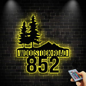 Personalized Address LED Sign,Tree Address Sign,House Number Metal Sign, House Number Metal Wall Decor, Pine Tree  House Number Sign