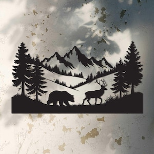 Arte de pared de metal con escenas de vida silvestre, ciervos y osos, decoración de pared de naturaleza.