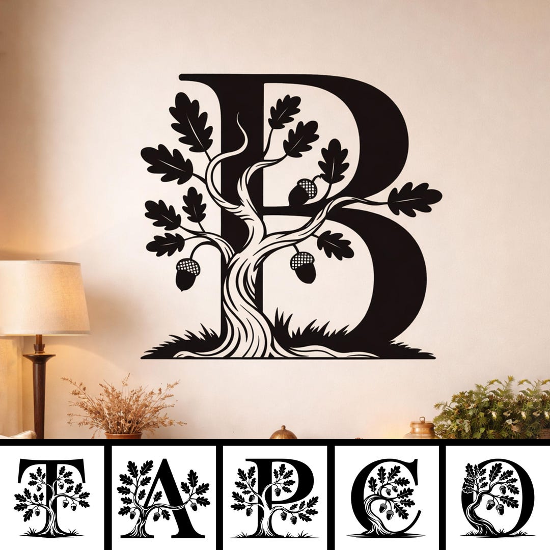 Monogramed Tree Custom Oak Tree Monogram Metal Wall Art: Custom Initial Letter Tree ...