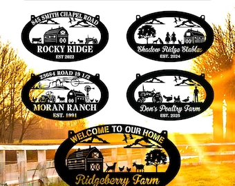 May include: Black metal farm signs with various designs, including barns, tractors, and animals. The signs feature text such as "Rocky Ridge," "Moran Ranch," and "Ridgeberry Farm." The text "Up to 200 Farm Designs" is at the top.