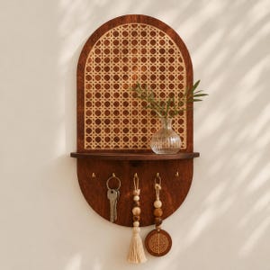 Könnte beinhalten: Ein bogenförmiger Wand-Organizer aus Holz mit einem natürlichen Rattangeflecht-Einsatz, einem horizontalen Regalbrett und fünf kleinen Messinghaken. Eine klare Glasvase mit grünem Blattwerk steht auf dem Regal, während Schlüssel und zwei perlenbesetzte Anhänger darunter hängen.
