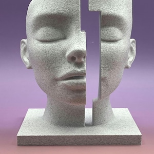 May include: A gray stone sculpture of a human head, split vertically. The eyes are closed, and the sculpture is mounted on a square base. The head is divided by a vertical line, creating a unique artistic effect.