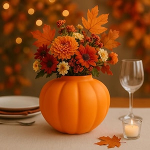 May include: A matte orange pumpkin-shaped ceramic vase filled with a vibrant autumn bouquet of orange, red, and yellow chrysanthemums, small berries, and maple leaves, positioned on a table with a white cloth, a wine glass, and a small candle.