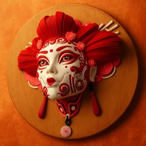 Peut inclure: Un masque décoratif de geisha avec un visage blanc et des accents rouges, monté sur une plaque de bois ronde. Le masque présente des cheveux rouges élaborés, des détails floraux et un pendentif avec un motif circulaire. Le fond est orange chaud.