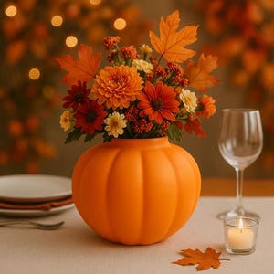 Könnte beinhalten: Eine orangefarbene, kürbisförmige Vase mit einem bunten Herbstblumenarrangement und Ahornblättern. Die Blumen sind in Orange-, Rot- und Gelbtönen gehalten. Ein Weinglas und eine brennende Kerze stehen auf dem Tisch.