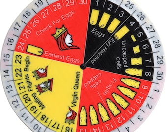 May include: A circular bee queen rearing calendar wheel featuring a numbered outer ring from 1 to 30. The face is divided into colored sections labeled with text including Check For Eggs, Earliest Eggs, Mating Flights Begin, Virgin Queen, Egg Hatched, Uncapped cells, and Fragile cells capped.