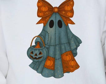 Retro Halloween Blue Denim Ghost Png, Trendy Patchwork Spooky Ghost Png, Cute Boo Ghost Coquette Png, Spooky Season Png, Fall Pumpkin Png
