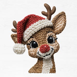 May include: A knitted reindeer head wearing a red and white Santa hat, with brown antlers and a red nose. The reindeer has large, black eyes and a smiling expression. The image is a close-up, highlighting the knitted texture.