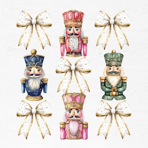 May include: Watercolour illustrations of Christmas nutcrackers and bows. The nutcrackers are in various colours, including pink, blue, and green, with gold accents. White bows with gold trim and star details are also featured. The overall theme is festive and holiday-related.