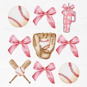 以下が含まれることがあります： 野球をテーマにしたデジタルクリップアートのセット。野球グローブ、野球ボール、バット、ピンクのリボンが含まれています。招待状、カード、その他のクラフトの作成に最適です。