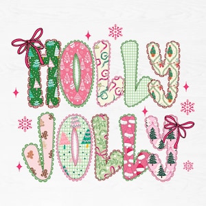 May include: A festive graphic design featuring the words "HOLLY JOLLY" in a whimsical, patchwork style. The letters are adorned with Christmas tree, gingerbread, and Santa hat patterns, accented with pink bows, snowflakes, and stars. The design has a vintage, scrapbook aesthetic.
