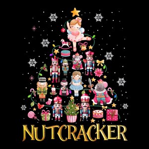 May include: A whimsical illustration of a Christmas tree made of Nutcracker characters, a ballerina, and ornaments on a black background. The words "NUTCRACKER" are in gold script at the bottom. Snowflakes and stars complete the festive design.