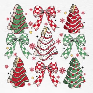 Peut inclure: Illustrations de Noël avec des sapins décorés et des nœuds à carreaux rouges, verts et blancs. Les motifs incluent des flocons de neige et des étoiles, créant un thème de vacances festif.