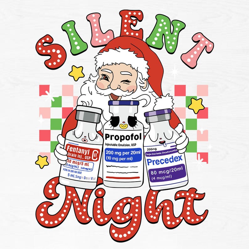 May include: A humorous design with Santa Claus holding three medicine vials: Fentanyl, Propofol, and Precedex. The words "SILENT NIGHT" are written in a playful font, with stars and a checkered pattern in the background.