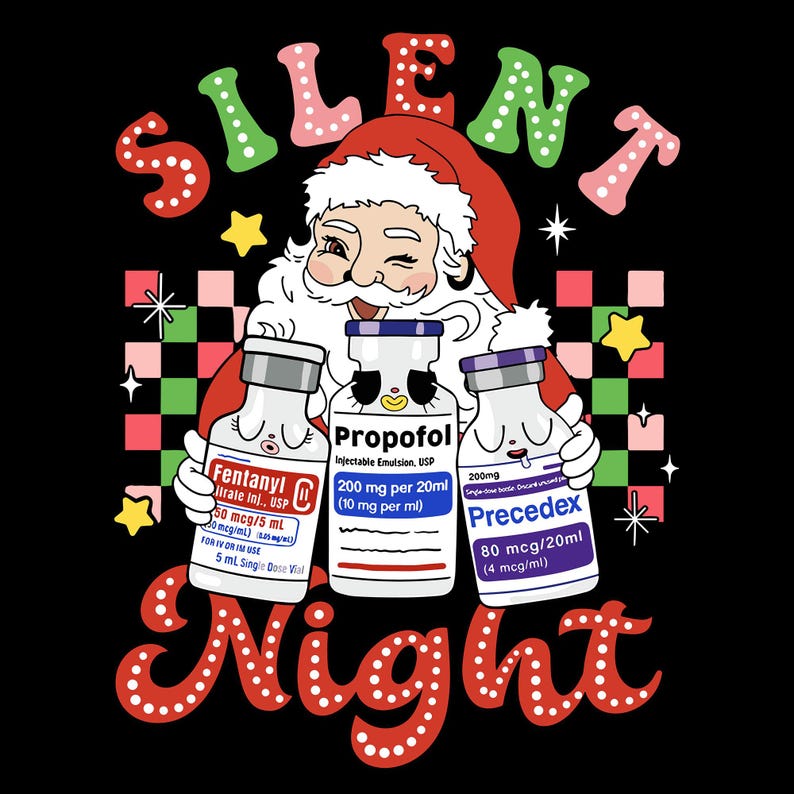 May include: A humorous Christmas-themed graphic shows Santa Claus with three medicine vials: Fentanyl, Propofol, and Precedex. The words "SILENT Night" are written in a festive font, with a black background and Christmas-themed accents.