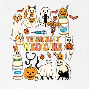 May include: A Halloween-themed illustration with ghosts, pumpkins, bats, and pets. The words "VETERINARY MEDICINE" are displayed. Includes medicine bottles labeled "Pumpkin Spice Gabapentin" and "Spiced Vanilla Trazodone". A stethoscope and syringe are also present.