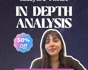 May include: A digital graphic featuring the text Ready in 2-4 Hours, IN DEPTH ANALYSIS, 50% Off, and 25+ Pages PDF • Hand Crafted. The background is a dark blue starry night sky with a faint zodiac wheel design behind a person.