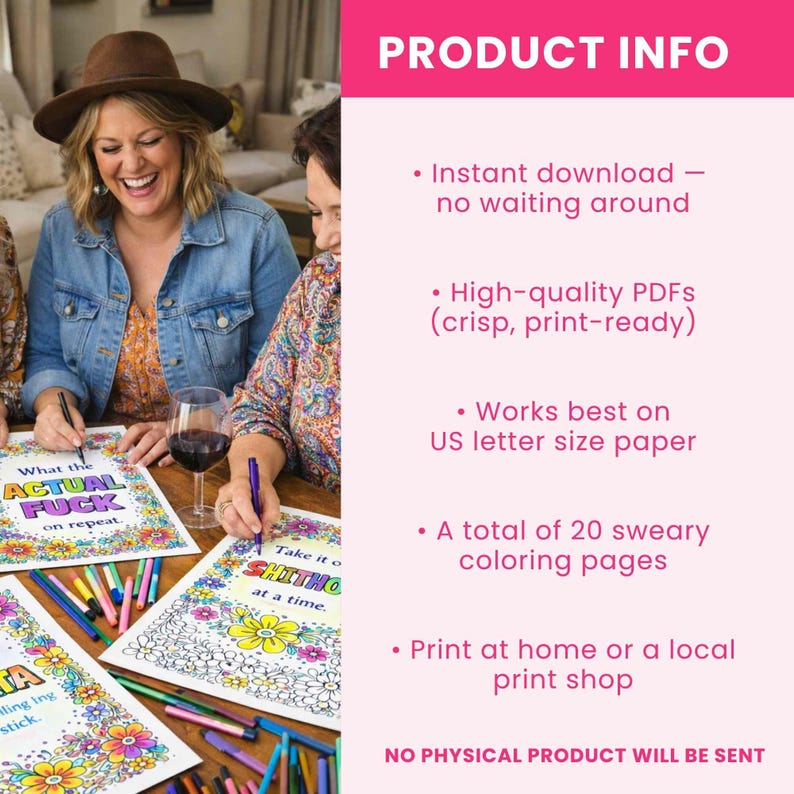 May include: A digital coloring book set featuring twenty pages with floral designs and bold text including phrases like What the ACTUAL FUCK on repeat and Take it one SHITHOLE at a time. The product info panel specifies high-quality PDFs for US letter size.