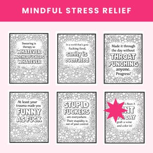 May include: Six black and white coloring pages with floral borders and humorous text. The top header reads MINDFUL STRESS RELIEF. The pages feature phrases including Swearing is therapy, sanity is overrated, and throat punching. One page has a pink star.