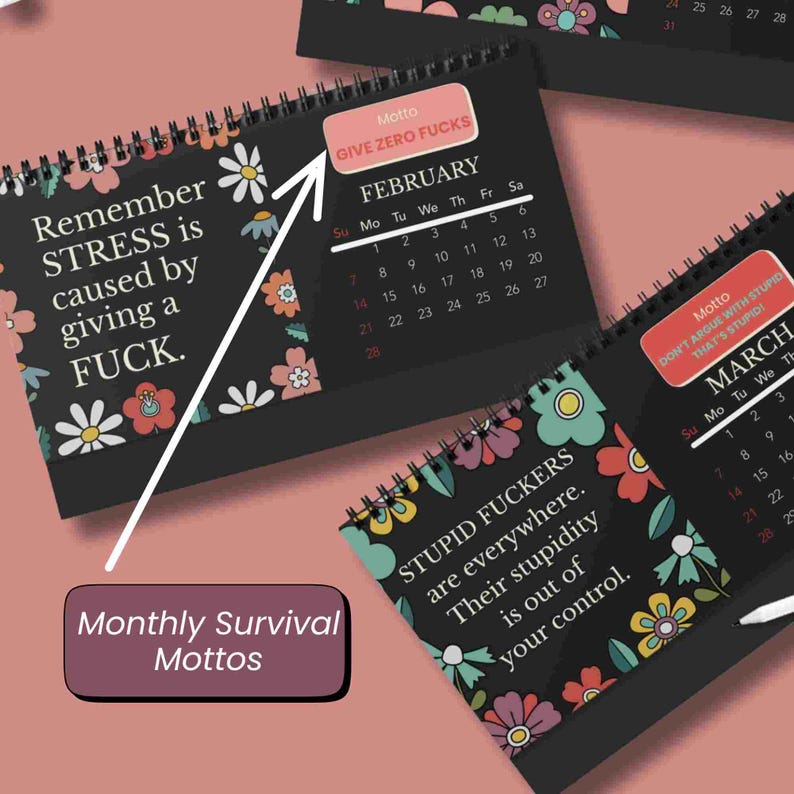 K&ouml;nnte beinhalten: Ein spiralgebundener Tischkalender mit schwarzen Seiten, bunten Blumenmustern und wei&szlig;em Text. Die Seiten zeigen Monats&uuml;bersichten und humorvolle Mottos wie "Remember STRESS is caused by giving a FUCK" und "GIVE ZERO FUCKS."