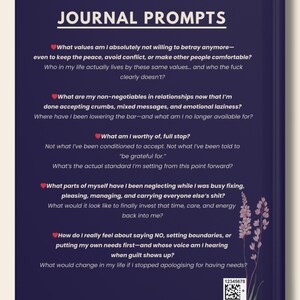 May include: A journal page with the title "JOURNAL PROMPTS" in white text. The page features several prompts in white text with red heart icons, encouraging self-reflection. The background is a dark blue with a floral design on the right side.