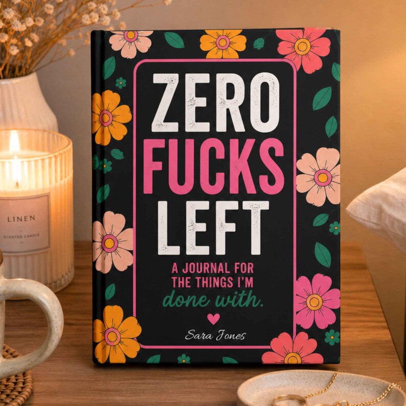 K&ouml;nnte beinhalten: Ein schwarzes Hardcover-Notizbuch mit einem Blumenmuster aus rosa, orangefarbenen und gelben Bl&uuml;ten. Das Cover zeigt den wei&szlig;en und rosa Text "ZERO FUCKS LEFT", gefolgt von "A JOURNAL FOR THE THINGS I'M done with." und dem Namen "Sara Jones".