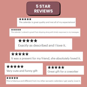 K&ouml;nnte beinhalten: Eine grafische Darstellung auf altrosa Hintergrund mit dem Text 5 STAR REVIEWS oben. Darunter befinden sich sieben wei&szlig;e rechteckige Bl&ouml;cke, die jeweils f&uuml;nf schwarze Sternsymbole und Kundenfeedback zu einem Kalenderkauf enthalten.