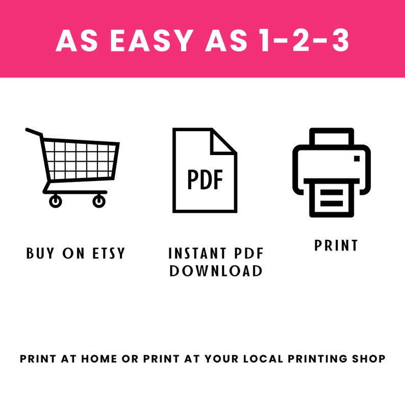 May include: A graphic with the text AS EASY AS 1-2-3. It features three black icons: a shopping cart labeled BUY ON ETSY, a document labeled INSTANT PDF DOWNLOAD, and a printer labeled PRINT. Below is the text PRINT AT HOME OR PRINT AT YOUR LOCAL PRINTING SHOP.