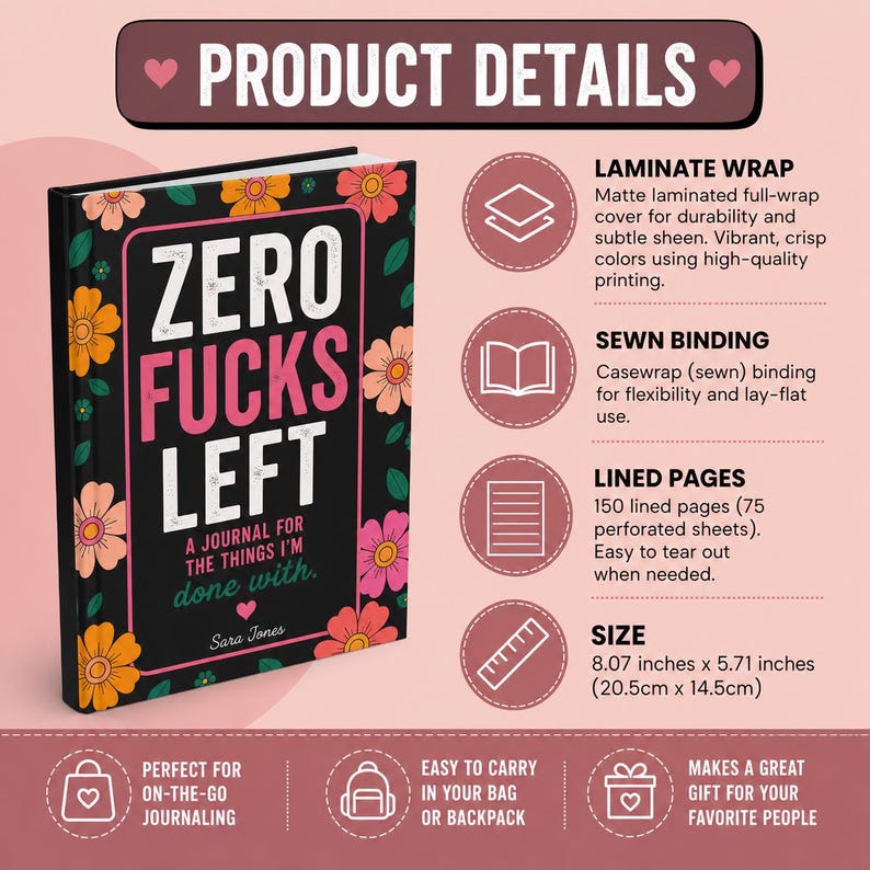 K&ouml;nnte beinhalten: Ein schwarzes Notizbuch mit Blumenmuster und dem Text ZERO FUCKS LEFT A JOURNAL FOR THE THINGS I'M DONE WITH. Sara Jones. Es verf&uuml;gt &uuml;ber einen matten Laminat-Einband, eine Fadenheftung, 150 linierte Seiten und misst 20,5 cm x 14,5 cm.