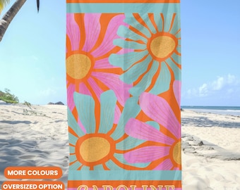 Personalized Daisy Beach Towel Custom Name Oversized Pool Towel Boho Flower Design Beach Accessory Summer Vacation Custom Gift for Women