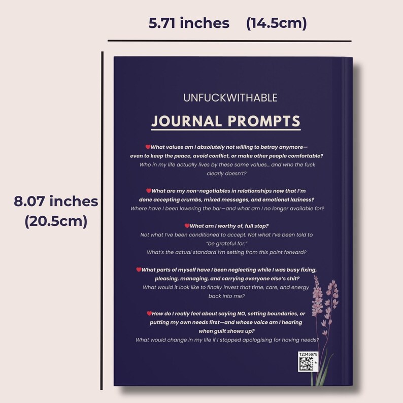 May include: A journal with the title "UNFUCKWITHABLE JOURNAL PROMPTS" in white text on a dark blue background. The journal is 5.71 inches (14.5cm) wide and 8.07 inches (20.5cm) tall. It features prompts for self-reflection and personal growth.