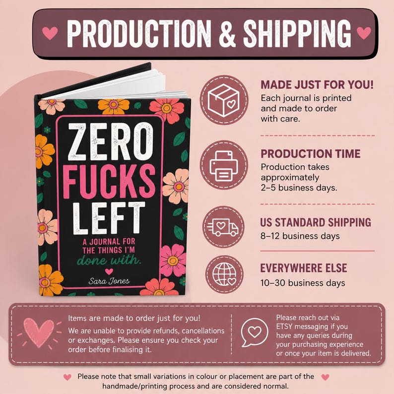 K&ouml;nnte beinhalten: Ein schwarzes Journal mit einem Blumenrand aus orangefarbenen und rosafarbenen Bl&uuml;ten. Der Text auf dem Einband lautet ZERO FUCKS LEFT, A JOURNAL FOR THE THINGS I'M DONE WITH und Sara Jones. Das Bild enth&auml;lt Informationen zur Produktion.
