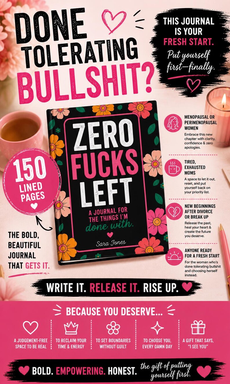 K&ouml;nnte beinhalten: Ein schwarzes Journal mit dem Titel Zero Fucks Left und einem Blumenrand aus orangefarbenen und rosa Bl&uuml;ten. Das Cover enth&auml;lt den Untertitel A Journal for the Things I'm Done With und den Namen der Autorin Sara Jones. Der Text ist von Werbetexten umgeben.