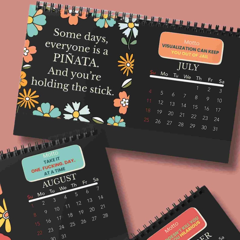 K&ouml;nnte beinhalten: Ein schwarzer Schreibtischkalender mit Spiralbindung und Blumenillustrationen in Orange, T&uuml;rkis und Wei&szlig;. Die Juli-Seite zeigt den Text 'Some days, everyone is a PI&Ntilde;ATA. And you're holding the stick.' sowie ein Motto-Feld mit 'VISUALIZATION CAN KEEP YOU OUT OF JAIL'.