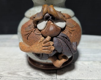 Vintage Mahon MMS Studio Pottery Stoneware 3D Ugly Face 1970s Canister Cork Plug