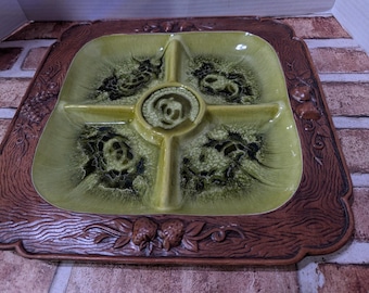 Vintage 1960’s Treasure Craft USA Green & Brown Divided Serving Platter Retro