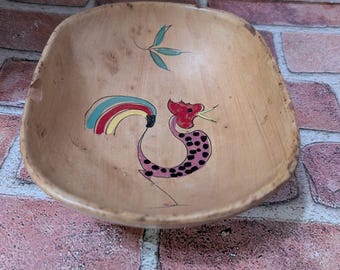 Rara tigela oval de cerâmica florentina vintage pintada à mão, fabricada na Itália, com desenho de galo.