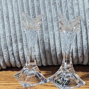 Set of 2 MIKASA Slovenia Lead Crystal Candlestick Art Deco Candle Holders 5.5&quot;