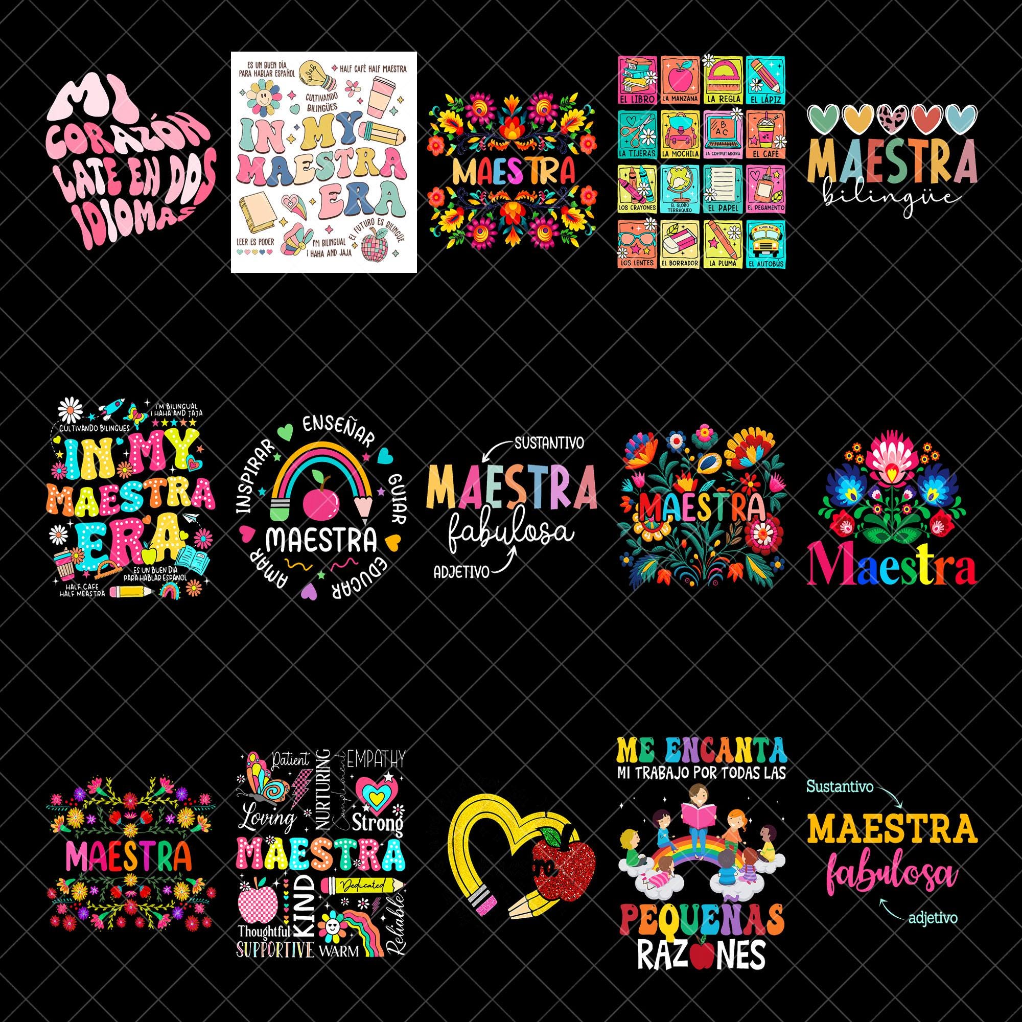 Retro Maestra Png bundle, Spanish Teacher Bundle, Bright doodle Teacher Life Png, Teacher Appreciation Gift, Maestra Back To School Png