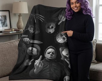 Personalized Slasher Movie Throw, Scary Movie Icons and the Middle Finger, Horror Fans Velveteen Blanket