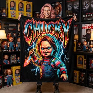 Coperta in velluto con stampa Chucky Horror Doll / Grafica retrò neon Slash