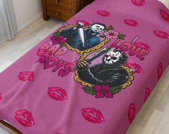 I Love Bad Boys Velveteen Plush Blanket | Horror Kiss Pattern