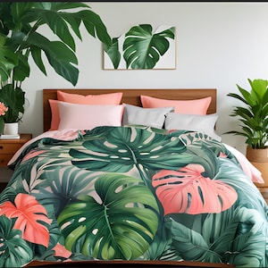 Tropical Leaves Boho Duvet Cover Green Coral Monstera Palm Banana Leaf Cozy Microfiber Comforter for Exotic Bedroom Decor two
