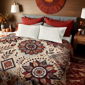 Rustikaler Herbst Boho Bettbezug - Geometrisches Blumenmuster in Erdtönen | Weiche Mikrofaser-Bettwäsche | Erhältlich in Queen und King Size