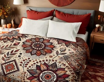 Funda nórdica rústica con estampado floral – Ropa de cama bohemia terrosa, microfibra suave
