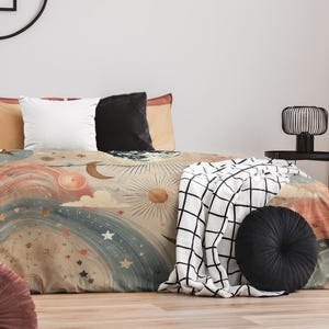 Golden Dawn Boho Duvet Cover Moon Phases Stars Cosmic Swirls Peach Coral Gold Cozy Microfiber Comforter Celestial Bedroom Decor