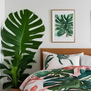 Tropical Leaves Boho Duvet Cover Green and Coral Monstera, Palm, Banana Leaf Cozy Microfiber Comforter for Exotic Bedroom Decor