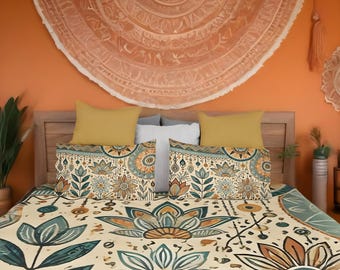 Bohemian Bedding Set: Hand-Drawn Geometric Shapes, Floral Mandalas, Tribal Patterns in Earthy Tones